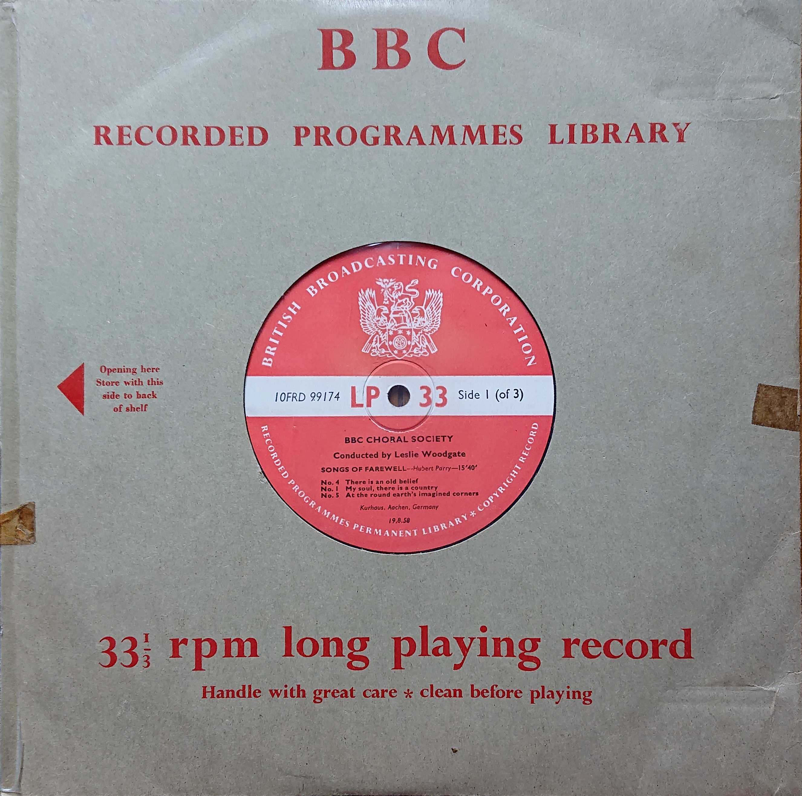 Picture of 10FRD 99174 BBC Choral Society by artist Hubert Parry Samuel Wesley / Arnold Bax from the BBC 10inches - Records and Tapes library