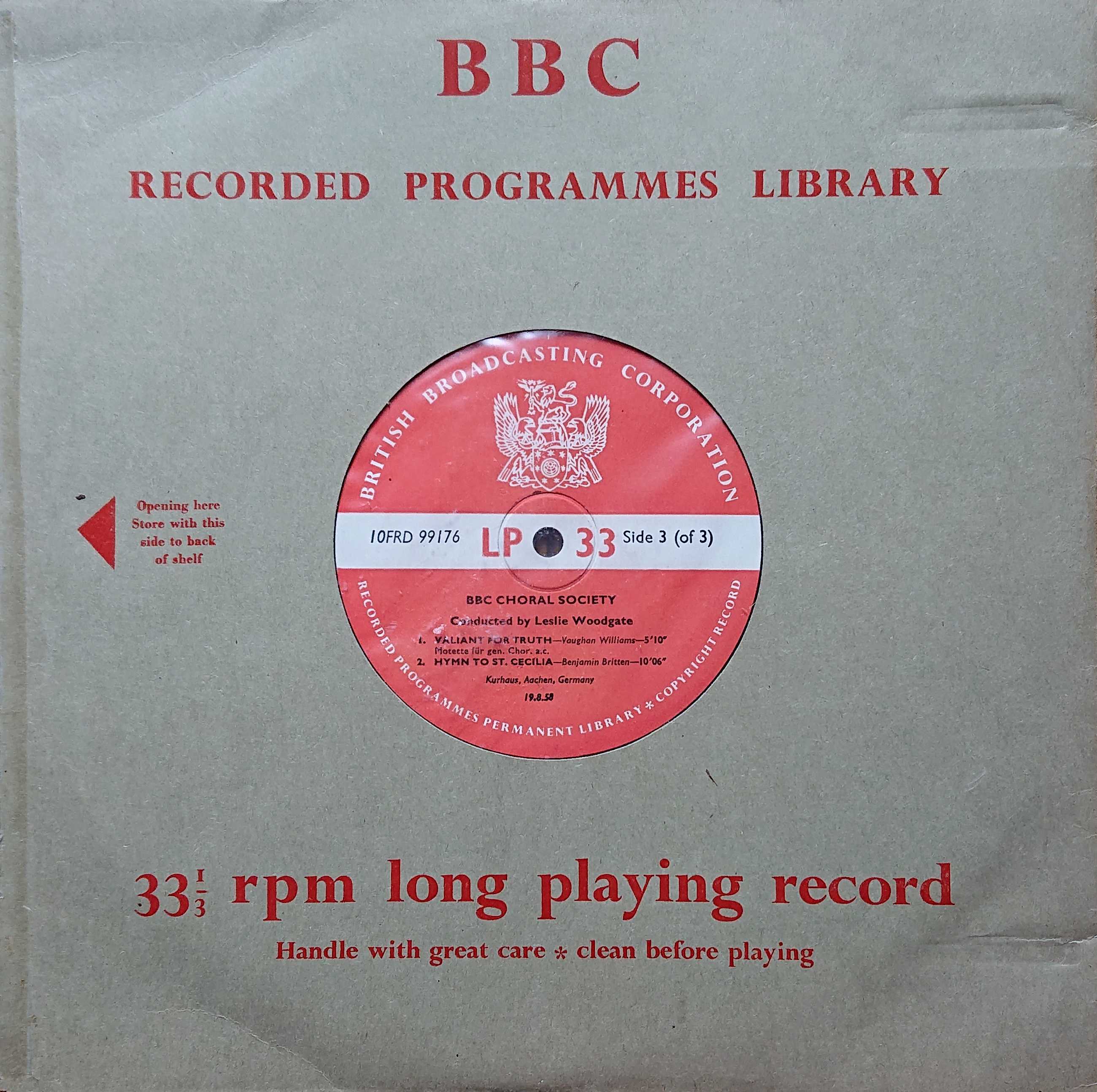 Picture of 10FRD 99176 BBC Choral Society by artist Vaughan Williams / Benjamin Britten from the BBC 10inches - Records and Tapes library