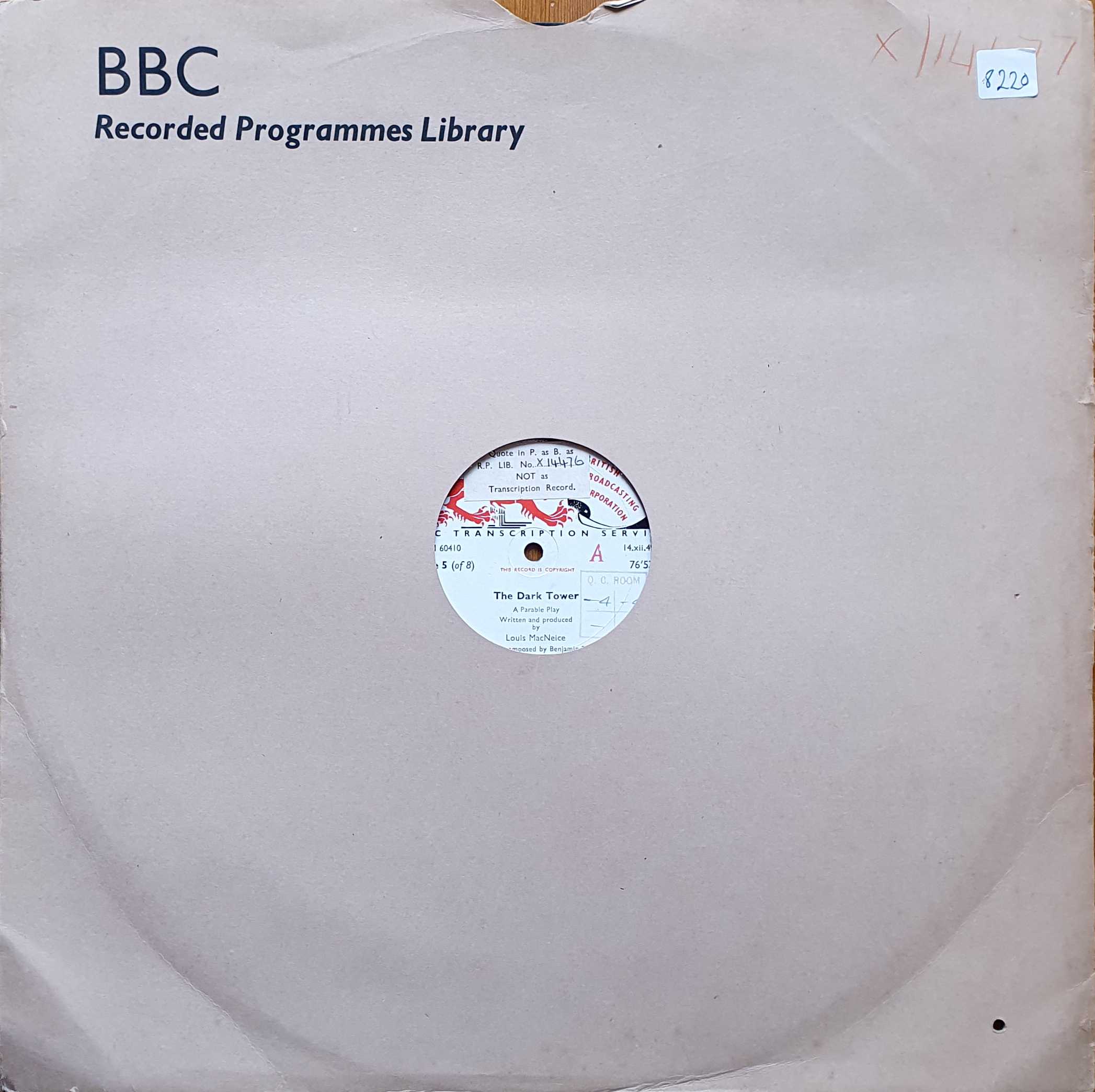 Picture of 16PM 60410 The dark tower - Parts 5 & 7 by artist Louis MacNeice from the BBC 16inches - Records and Tapes library