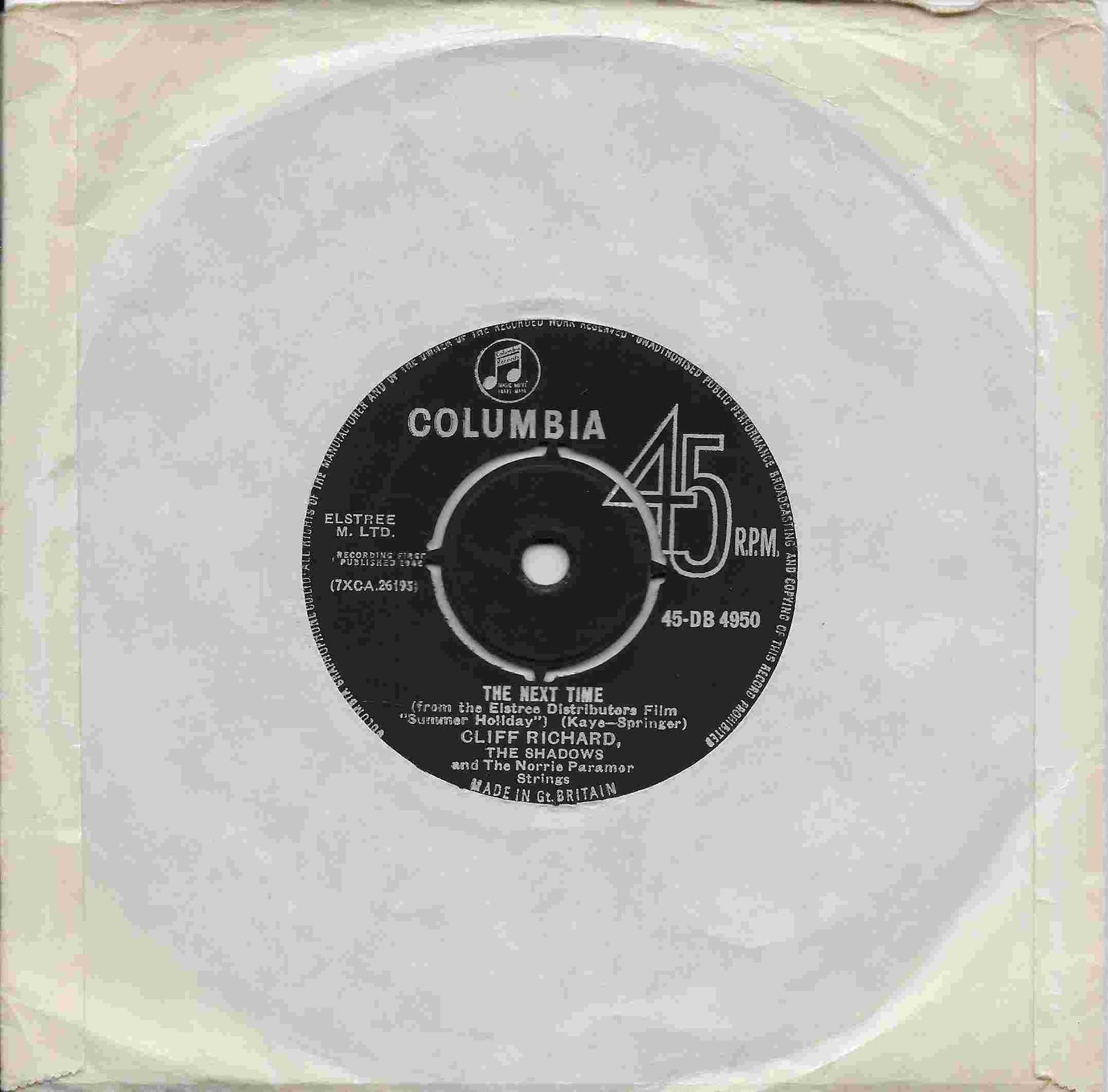 45-DB 4950 The next time Cliff Richard & The Shadows from ITV, Channel 4 and Channel 5 library Front cover of 45-DB 4950