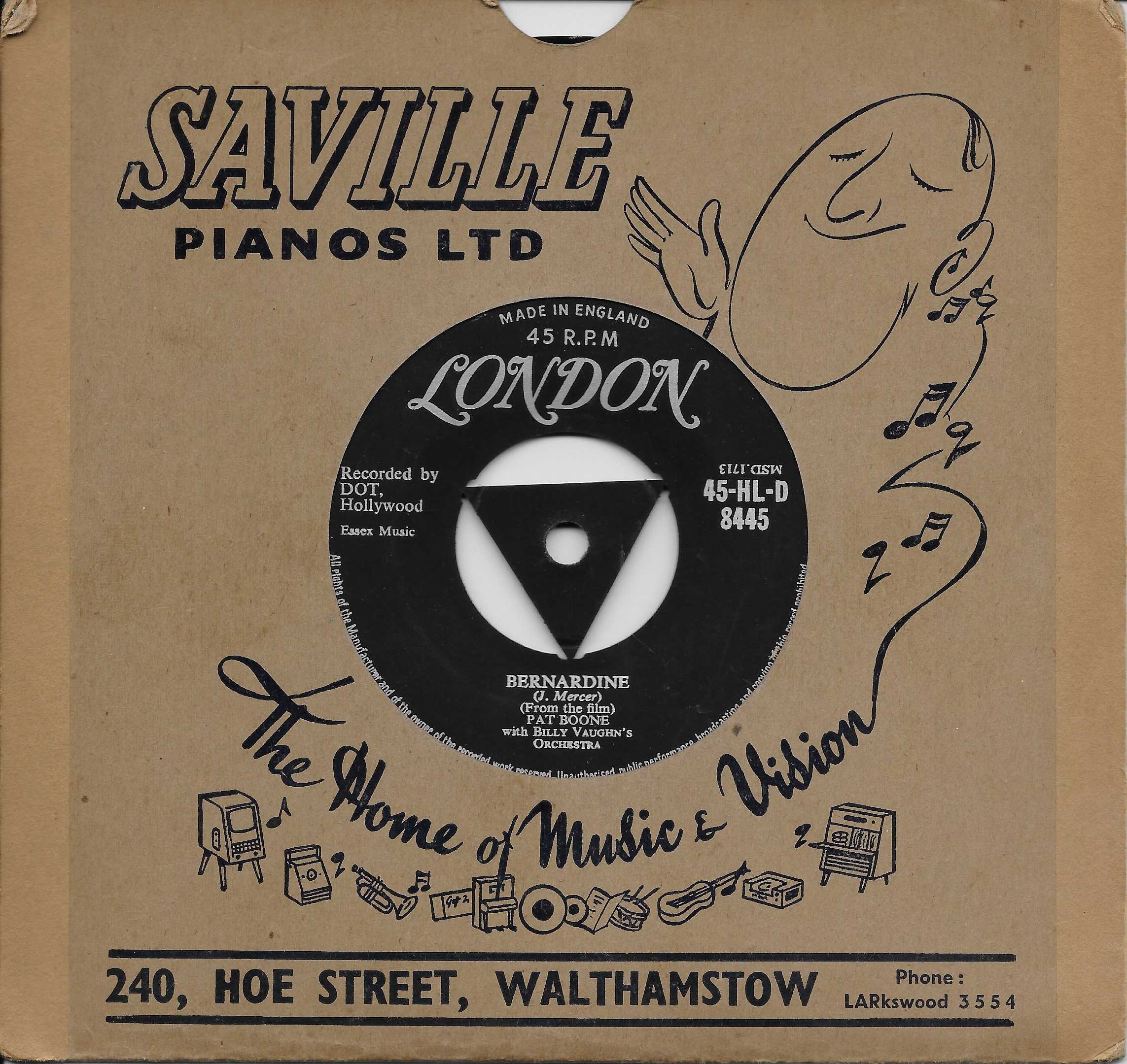 Picture of 45-HL-D 8445 Bernadine by artist J. Mercer / Coots / Kenny / Kenny / Pat Boone with Billy Vaughn's orchestra from ITV, Channel 4 and Channel 5 singles library