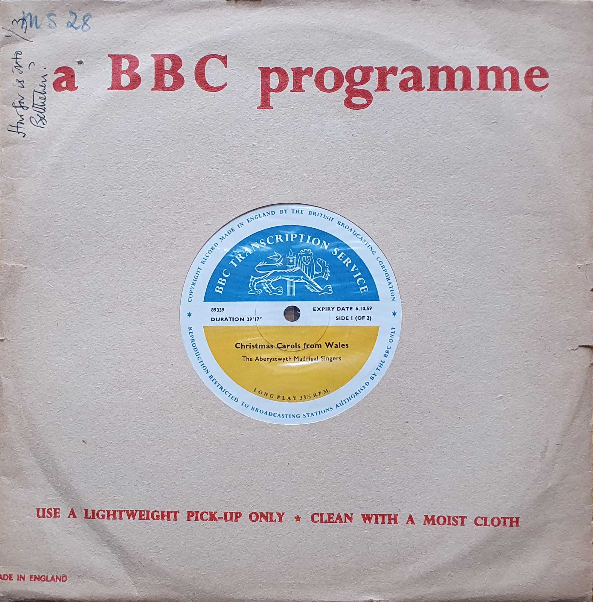 Picture of 89339 Christmas carols from Wales (Side 1 of 2) / How far is it to Bethlehem? (Side 1 of 2) 10 inch by artist Various from the BBC records and Tapes library