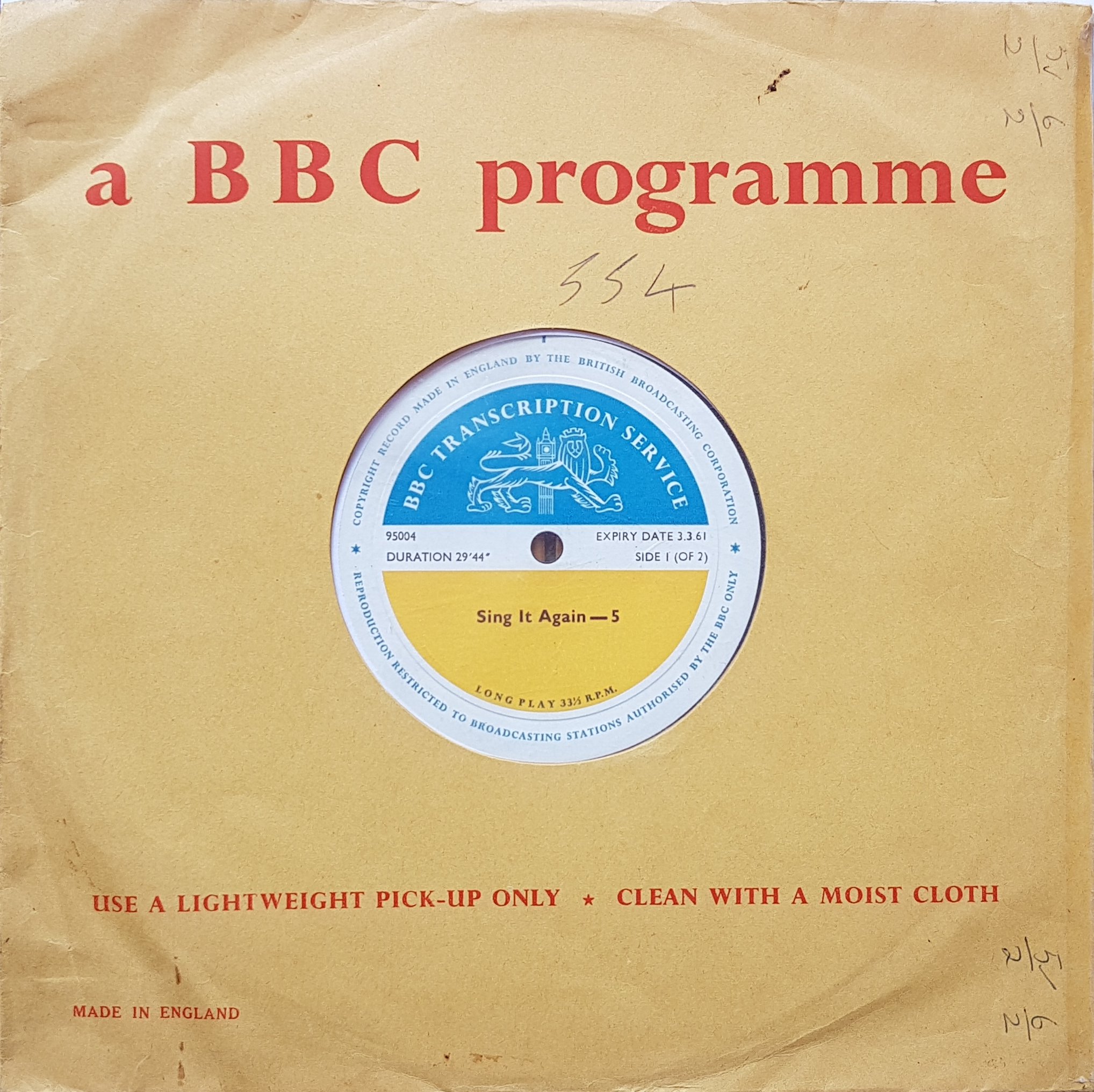 Picture of 95004 Sing it again - 5 / 6 (Side 1 or 2) by artist Various from the BBC 10inches - Records and Tapes library
