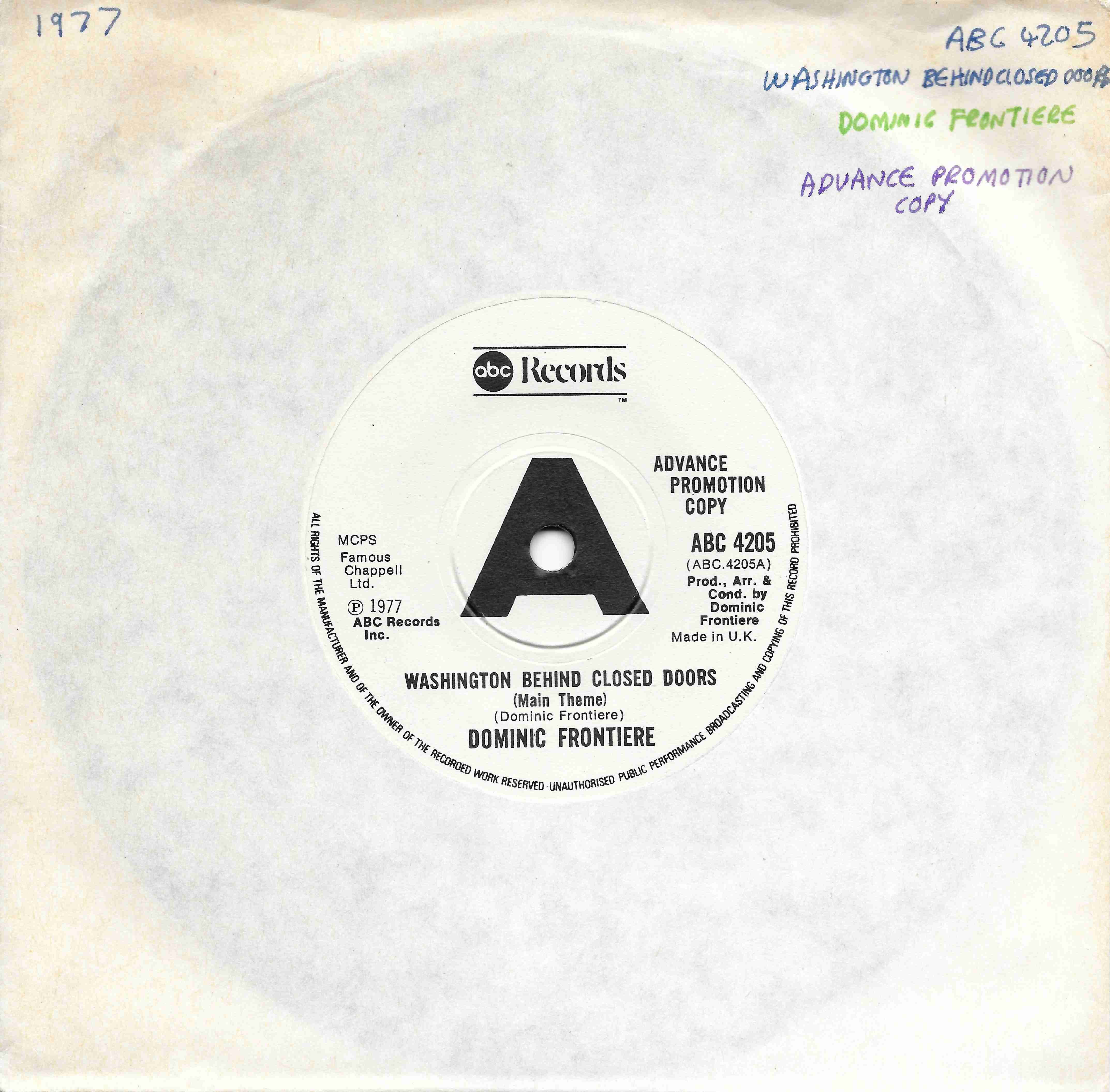 Picture of ABC 4205 P Washington behind closed doors - Promotional record by artist Dominic Frontiere from the BBC singles - Records and Tapes library