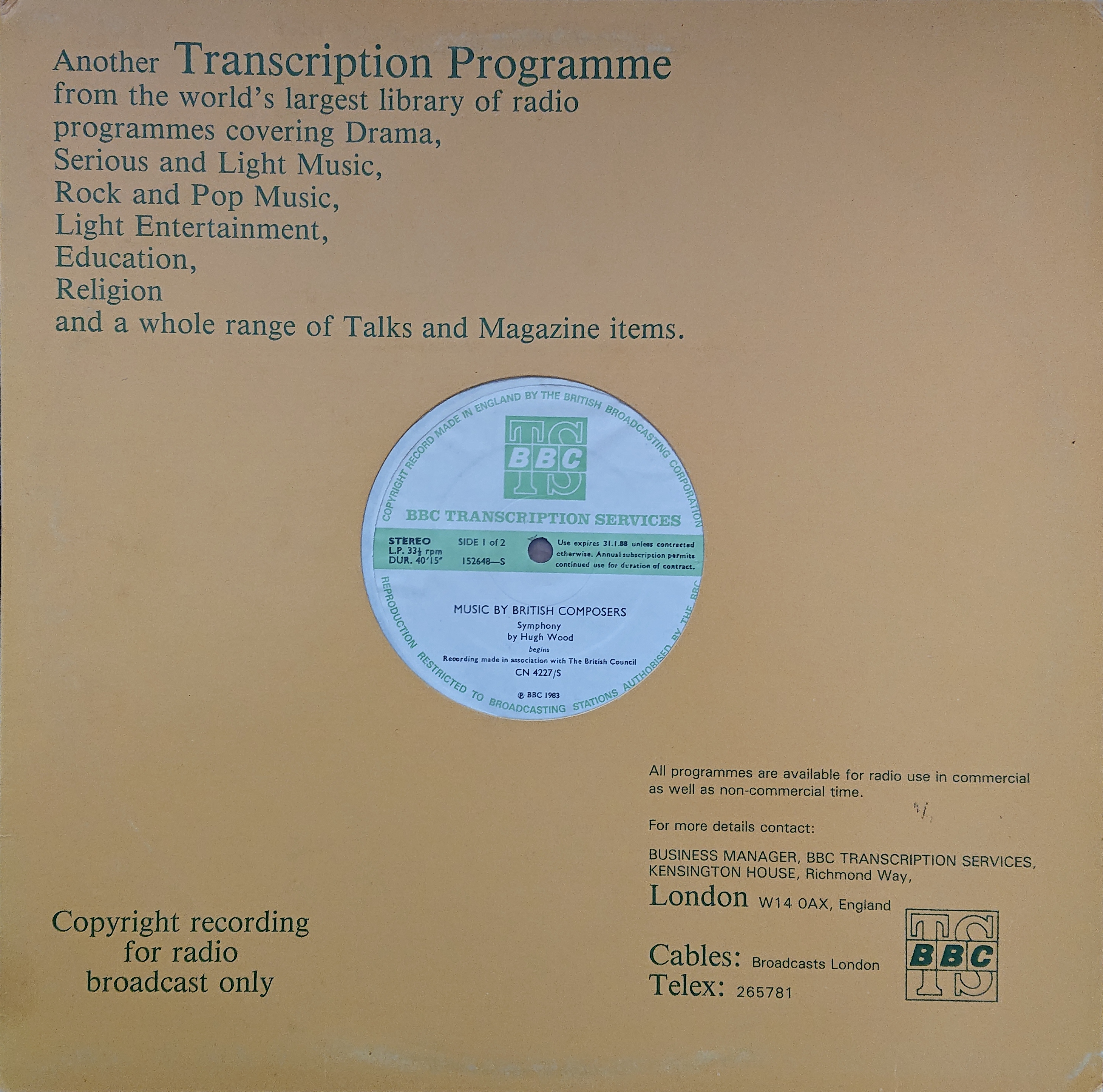 Picture of CN 4227 S 1 Music by British composers (Sides 1 of 2) by artist Hugh Wood / Alender Goehr from the BBC records and Tapes library
