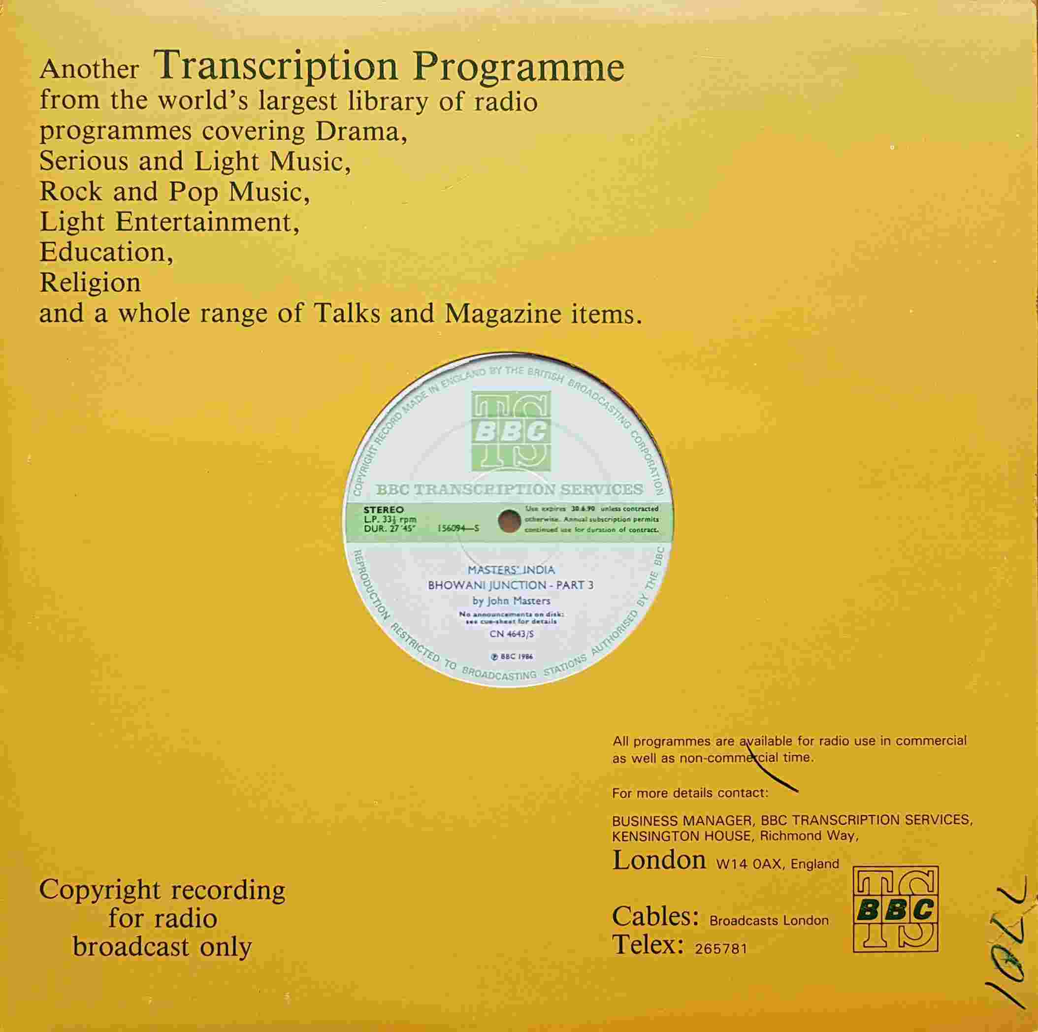 Picture of CN 4643 S 2 Masters' India Bhowani Junction - Parts 3 & 4 by artist John Masters from the BBC albums - Records and Tapes library