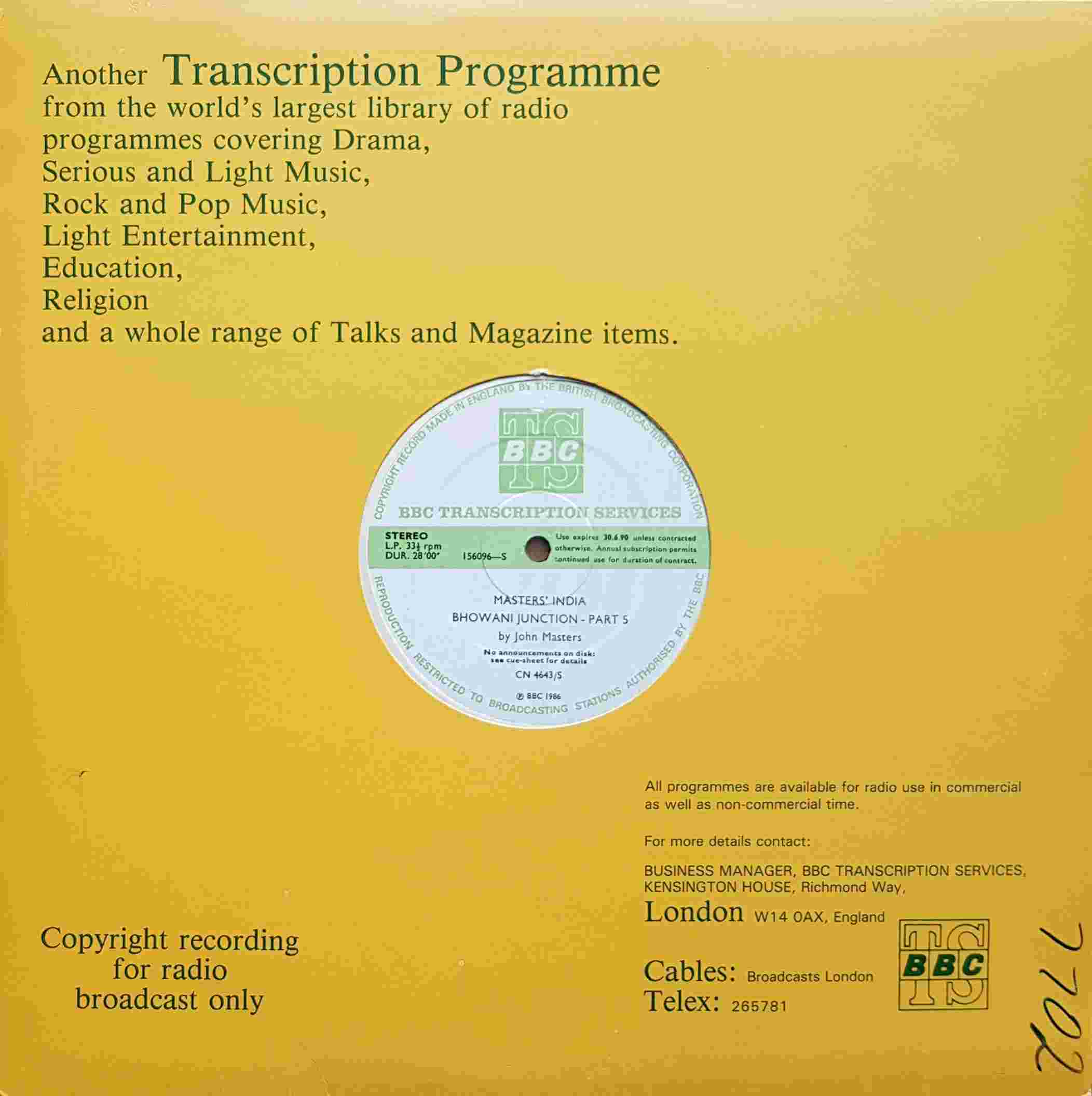 Picture of CN 4643 S 3 Masters' India Bhowani Junction - Parts 5 & 6 by artist John Masters from the BBC records and Tapes library
