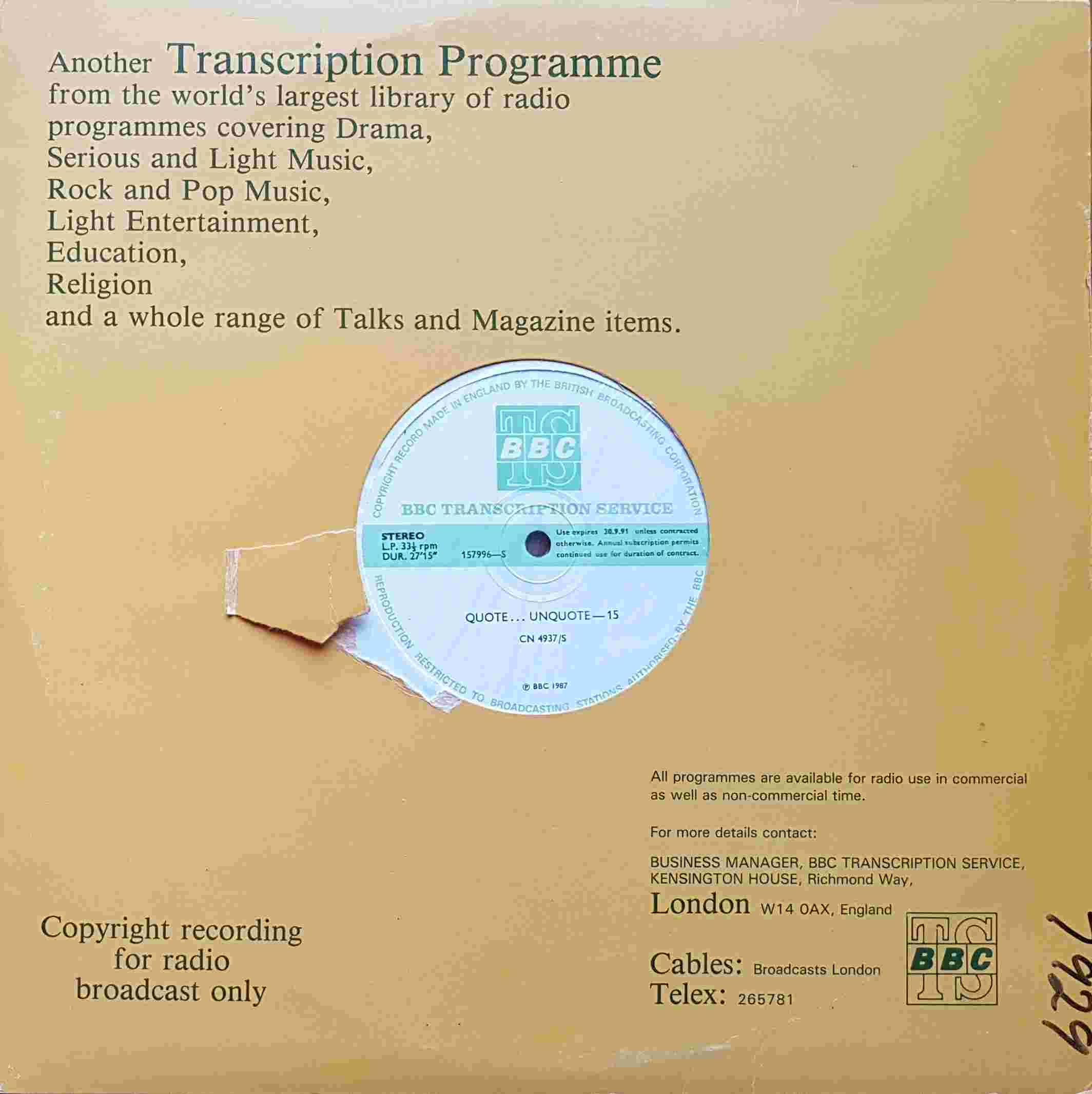 Picture of CN 4937 S 8 Quote ... unquote - 15 & 16 by artist Unknown from the BBC albums - Records and Tapes library