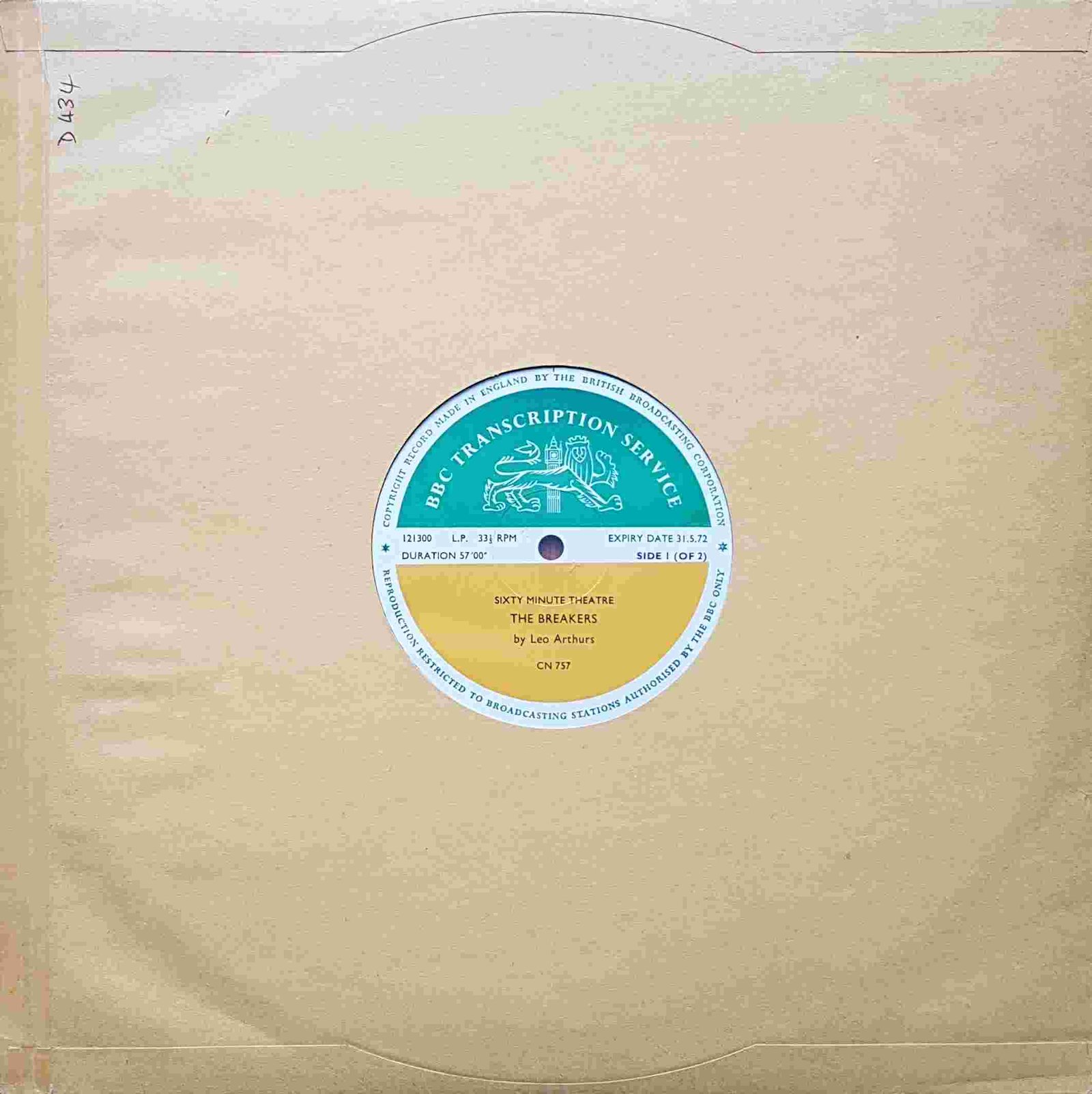 CN 757 Sixty minute theatre - The breakers / Between the two of us Leo Arthurs / Rhys Adrian from the BBC albums - Records and Tapes library Picture of CN 757 Sixty minute theatre - The breakers / Between the two of us by artist Leo Arthurs / Rhys Adrian from the BBC albums - Records and Tapes library