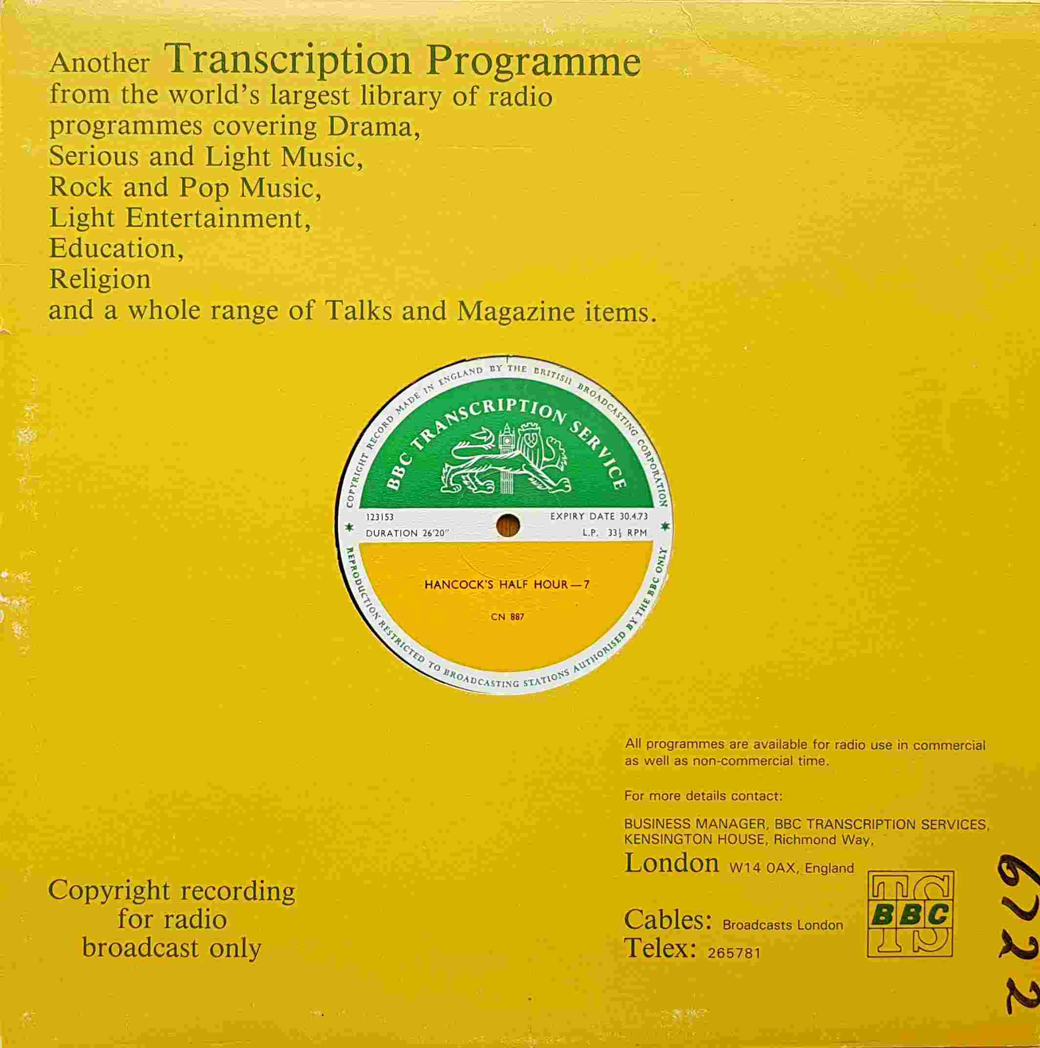 Picture of CN 887 4 Hancock's half hour - 7 & 8 by artist Tony Hancock from the BBC records and Tapes library