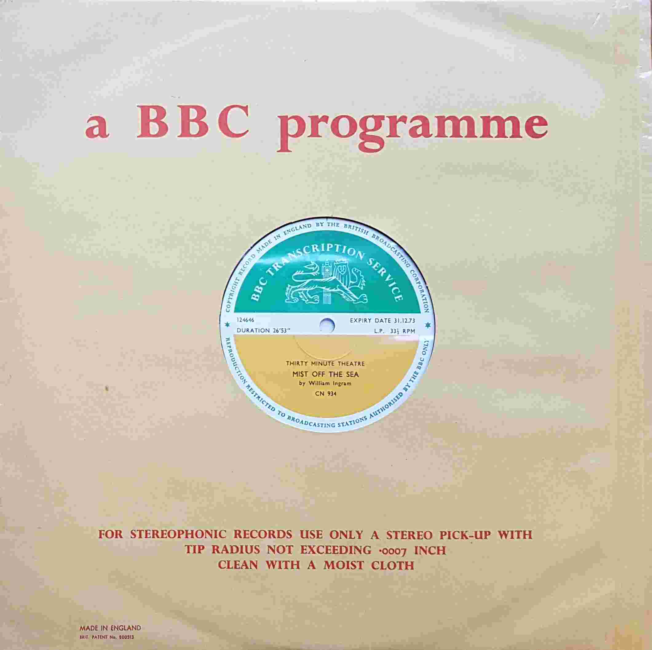 Picture of CN 934 Thirty minute theatre - Mist off the sea / The little French clock by artist William Ingram / Antonia Ridge from the BBC albums - Records and Tapes library