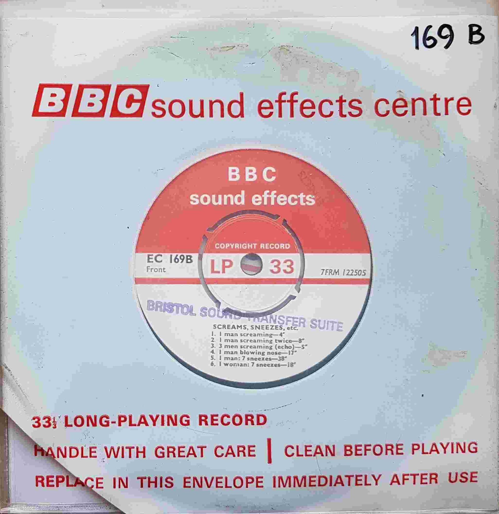 EC 169B Screams, sneezes, etc. / Coughing, breathing, etc. Not registered from the BBC singles - Records and Tapes library Picture of EC 169B Screams, sneezes, etc. / Coughing, breathing, etc. by artist Not registered from the BBC singles - Records and Tapes library