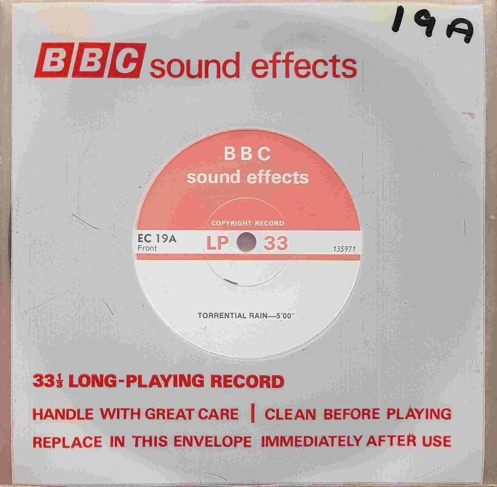 EC 19A Torrential rain / Hail beating on window Not registered from the BBC singles - Records and Tapes library Picture of EC 19A Torrential rain / Hail beating on window by artist Not registered from the BBC singles - Records and Tapes library