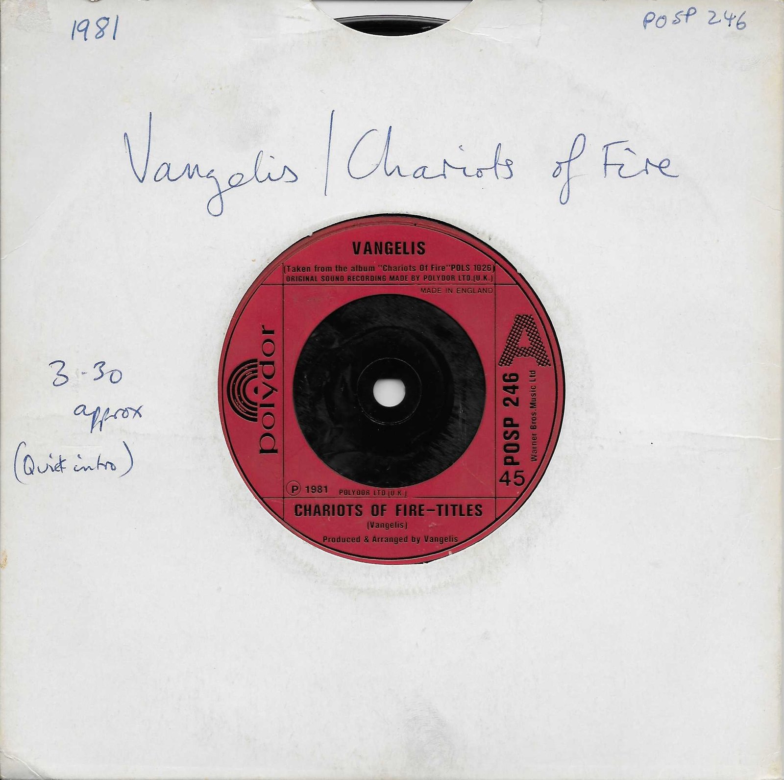 POSP 246 Chariots of fire (1984 / 8 Olympic grandstand) Vangelis from the BBC records and Tapes library Front cover of POSP 246